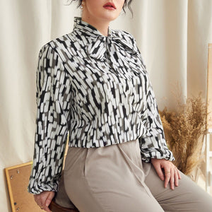 Plus Size Spring Autumn Leopard Print Bow Collar Top Women Long Sleeve Shirt