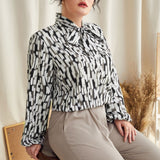 Plus Size Spring Autumn Leopard Print Bow Collar Top Women Long Sleeve Shirt
