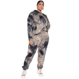 Plus Size Popular Autumn Sping Tie-Dyed Loose Hooded Sweater  Casual Set