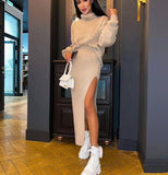 Turtleneck Loose Pullover Top Split Sexy Long Skirt Two-Piece Set Winter