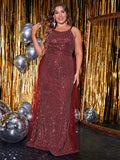 Plus Size Sequin Sling Double Shoulder Strap Sleeveless Mesh Stitching Prom Evening Dress