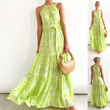 Spring Summer Bohemian Vacation Elegant Women  Printed Halter Dress