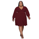 Plus Size Women Solid Color Cross V  neck Belt Loose Knitted Dress