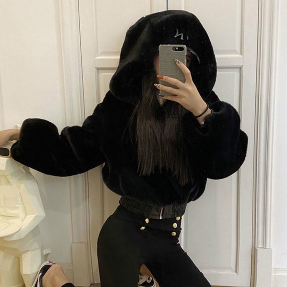 Autumn Winter Street Short High Waist Texture Furry Hooded Coat Women Top Plus Size