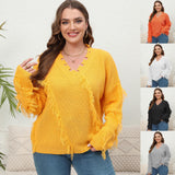 plus Size Women Woven Shirt Women Clothes Autumn Winter V-neck Beard Tassel Splicing Pullover Sweater