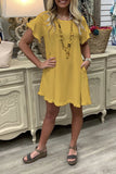 Ladies Cotton Linen Dress Solid Color Short Sleeve Burr Side Pocket Midi Dress