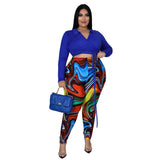 Plus Size Fashion Women Nightclub Printing Collared Strap Two-Piece Suit