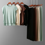 Casual  Women Summer Solid Color Sleeveless Vest Sweater Wide Leg Pants Ice Silk Sets