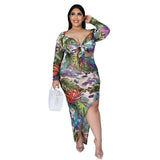 Plus Size Plus Size Women  Sexy Print Lace-up Oblique Split Asymmetric Dress