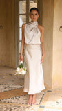 Summer Mature Elegant Women Clothing Sleeveless Halter Solid Color Satin Dress