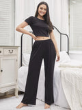 Autumn Winter Solid Color Short-Sleeved Trousers Casual Suit Home Wear Pajamas for Women