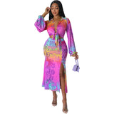 Sexy Lace up Long Sleeved Cardigan Popular Floral Print Slit  Two Piece Set