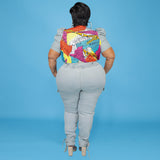 Plus Size New Autumn Jeans Printed Puff Sleeve Women Suit