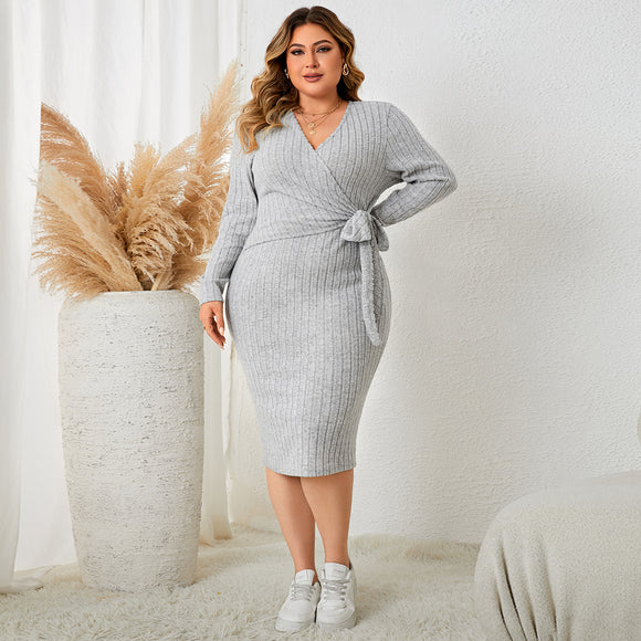 Plus Size Autumn Winter V neck Lace up Knitted Dress Knitted Long Sleeved Dress