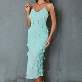 Summer Women Sexy Dress Semi Transparent Stitching Sleeveless Backless Halter Dress
