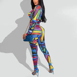 Women Printed Long Sleeved Shirt Tight Trousers Suit Two Piece Set