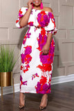 Plus Size Women Clothing Popular Stitching Printing Off Shoulder Cinched Dress