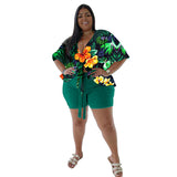 Plus Size Spring Autumn Women Clothing  Two-Piece Suit Printing Casual T-shirt Shorts Set