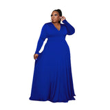 Plus Size Popular   Woman Solid Color V-neck Long Sleeve Mop Formal Dress
