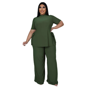 Plus Size Sexy Nightclub Uniforms Casual Lace-up Wide-Leg Pants Two-Piece Set Women Clothing