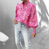 Spring Printing Elegant Women Clothing Puff Sleeve Collared Long Sleeve Top Printing Lining