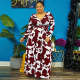 Plus Size Autumn Winter Printed Stretch Knitted V neck  Women Dress