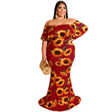 Plus Size Women Clothes Summer Sunflowers Leaf Printed Sexy Tight Dress
