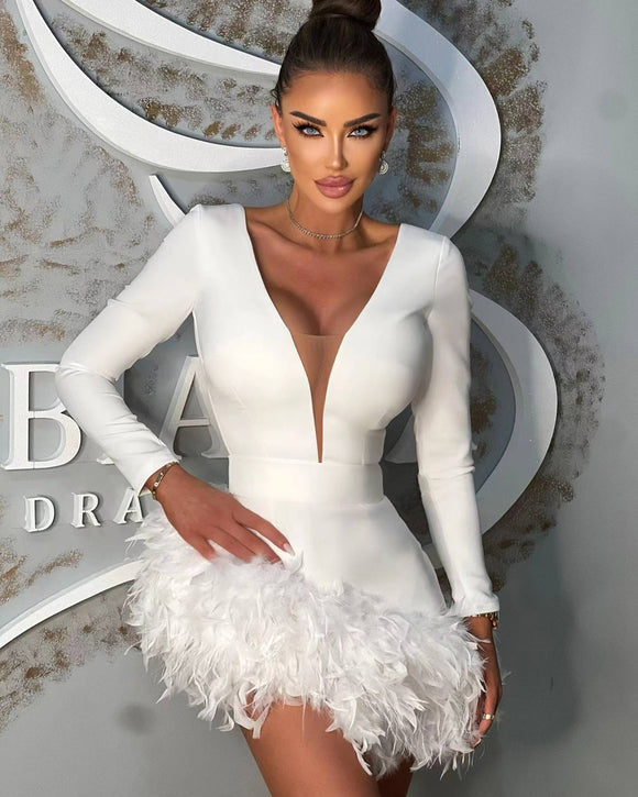 Spring Heffnige Long Sleeve V neck Fire Pieces Feather Bevel Bandage One Piece Dress