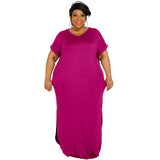 Plus Size Summer New Solid Color round Neck  Dress Slit Hemline at Hem Loose Skirt