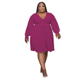 Plus Size Women Solid Color Cross V  neck Belt Loose Knitted Dress