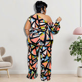Plus Size Women Clothes Winter off-the-Shoulder Printing Jumpsuit Trousers