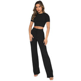 Casual Set Women Solid Color High-Elastic Body Shaping Short Sleeve Sunken Stripe Wide Leg Pants Two-Piece Set