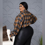 Plus Size Nightclub Uniforms Asymmetric Drop Shoulder Pocket Cotton Plaid Top