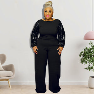 Plus Size Women Clothes Winter New Sequin Sleeve round Neck Jumpsuit  New