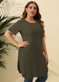 Plus Size Women Dress Women Solid Color Simple Split Mid Length T Shirt Short Sleeved Top Women