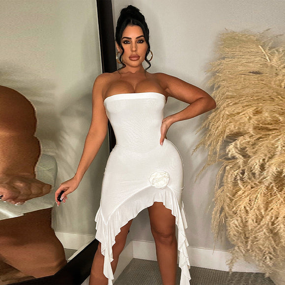 Women Clothing Independent Stand Floral Ruffled Solid Color Sexy Tube Top Irregular Asymmetric Dress