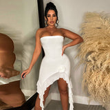 Women Clothing Independent Stand Floral Ruffled Solid Color Sexy Tube Top Irregular Asymmetric Dress