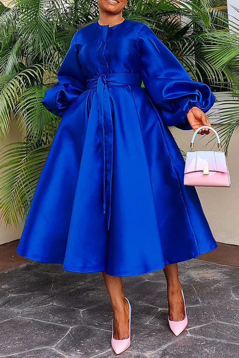 Women Clothing Autumn Winter Solid Color Glossy Loose Button Lantern Sleeve Dress