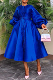 Women Clothing Autumn Winter Solid Color Glossy Loose Button Lantern Sleeve Dress