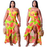 Plus Size Women Clothing Summer Single Sleeve Irregular Asymmetric Printed Flounced Skirt Edge Dress
