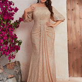 Plus Size Dress Sequin Off The Shoulder Short Sleeve Prom Evening Dress Fishtail Dress