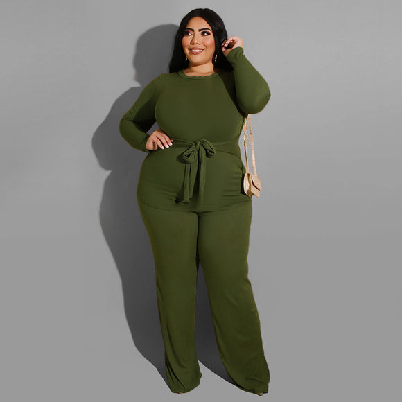 Plus Size Pure Color Knitted Casual Two-Piece Suit  Women Suit