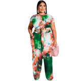 Plus Size Tie-Dye Printed Lace up Casual Set  Women Two-Piece Suit
