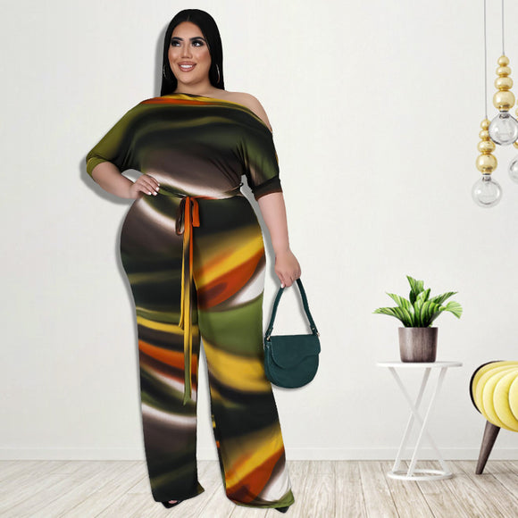Plus Size Women Clothes  Autumn Wide-Leg Pants Digital Printing Romper  New Arrival