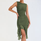 Spring Summer round Neck Sleeveless Dress Women Sexy Tight Backless Pleated Midi Dress