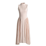 Summer Stand Collar Elegant Slightly Mature Dress Design Pleated Patchwork Waist Slimming Slimming Dress Long Dress