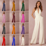 Spring Autumn Creative Women  Sexy Sleeveless Halter Pocket Loose Jumpsuit