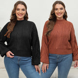 plus Size Women Woven Sweater Women Clothes Autumn Winter Half Turtleneck Lantern Sleeve Cropped Pullover Sweater