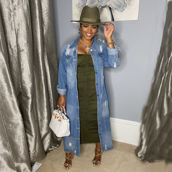New Long Trench Coat Ripped Denim Coat for Women Plus Size