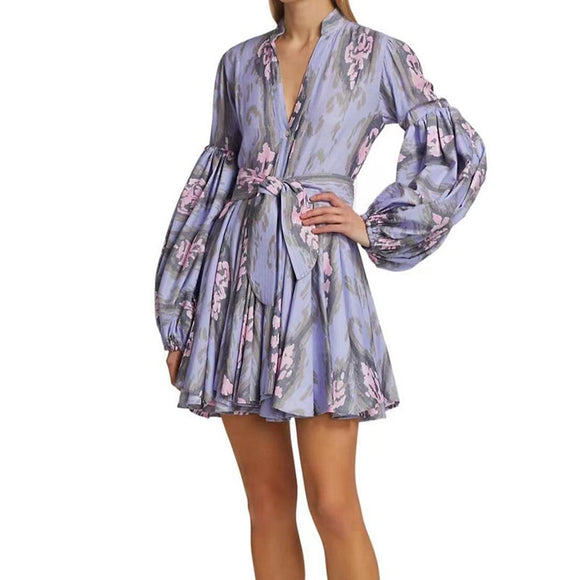 Brand Short  Spring Young V-neck Waist-Controlled Lace-up Lantern Sleeve Large Swing A- line Dress